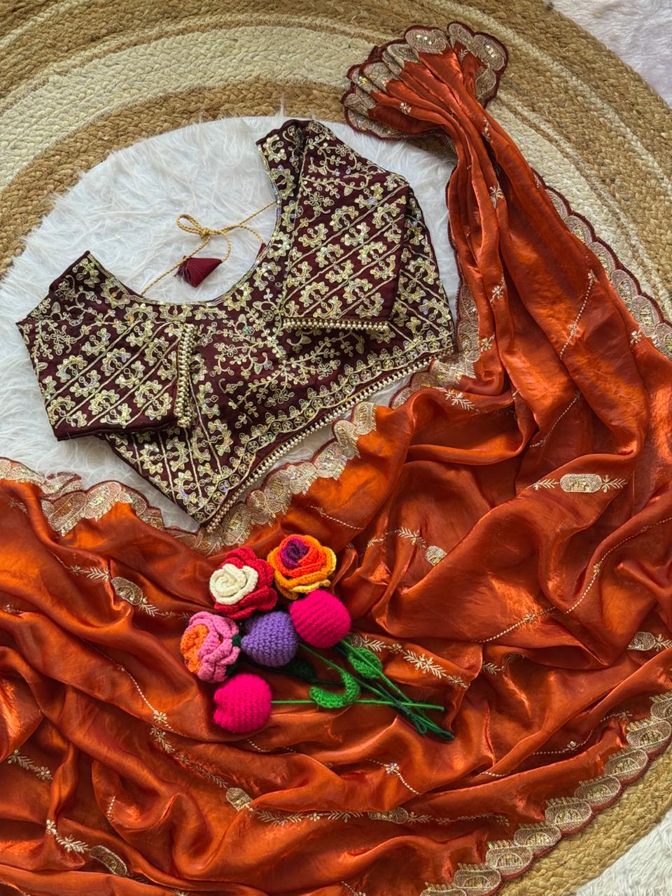 Beautiful Soft Space Silk With Heavy Embroidery Sequence Work Saree