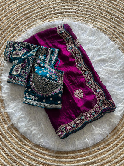 Beautiful Pure Soft Fandy Satin Silk With Embroidery Sequence Work Saree