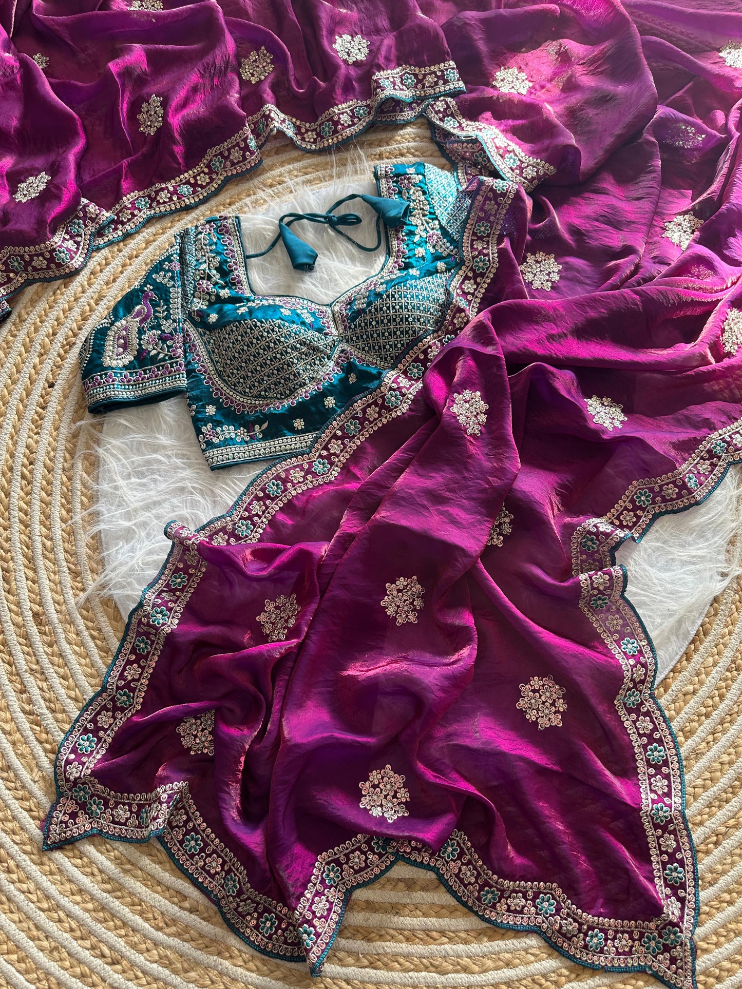 Beautiful Pure Soft Fandy Satin Silk With Embroidery Sequence Work Saree