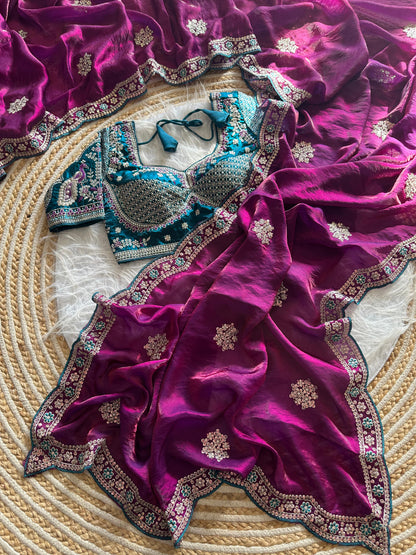 Beautiful Pure Soft Fandy Satin Silk With Embroidery Sequence Work Saree