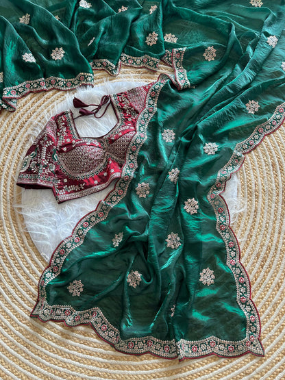 Beautiful Pure Soft Fandy Satin Silk With Embroidery Sequence Work Saree