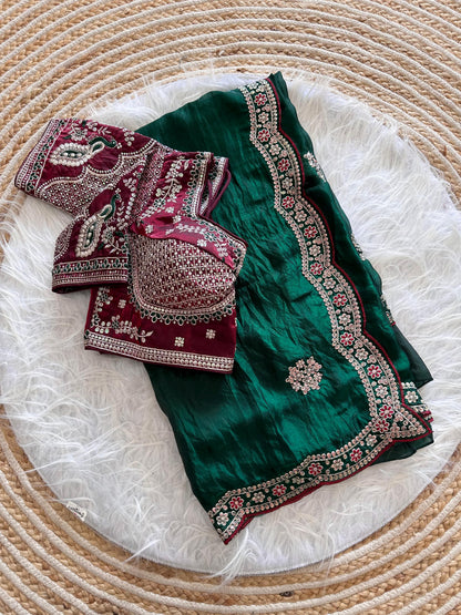 Beautiful Pure Soft Fandy Satin Silk With Embroidery Sequence Work Saree