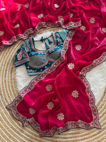 Beautiful Pure Soft Fandy Satin Silk With Embroidery Sequence Work Saree