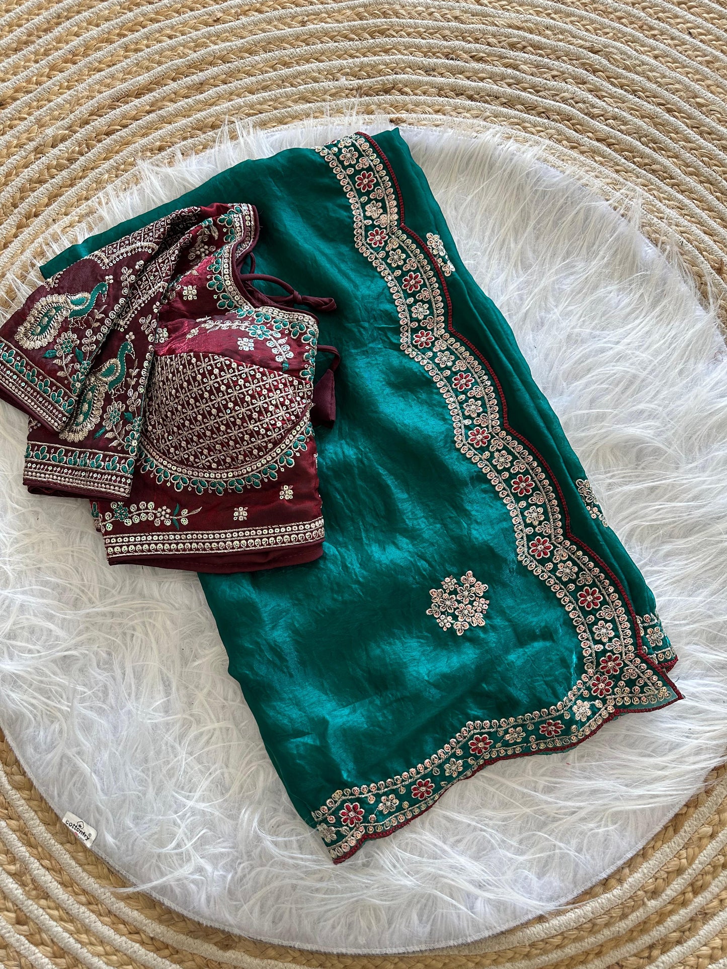 Beautiful Pure Soft Fandy Satin Silk With Embroidery Sequence Work Saree