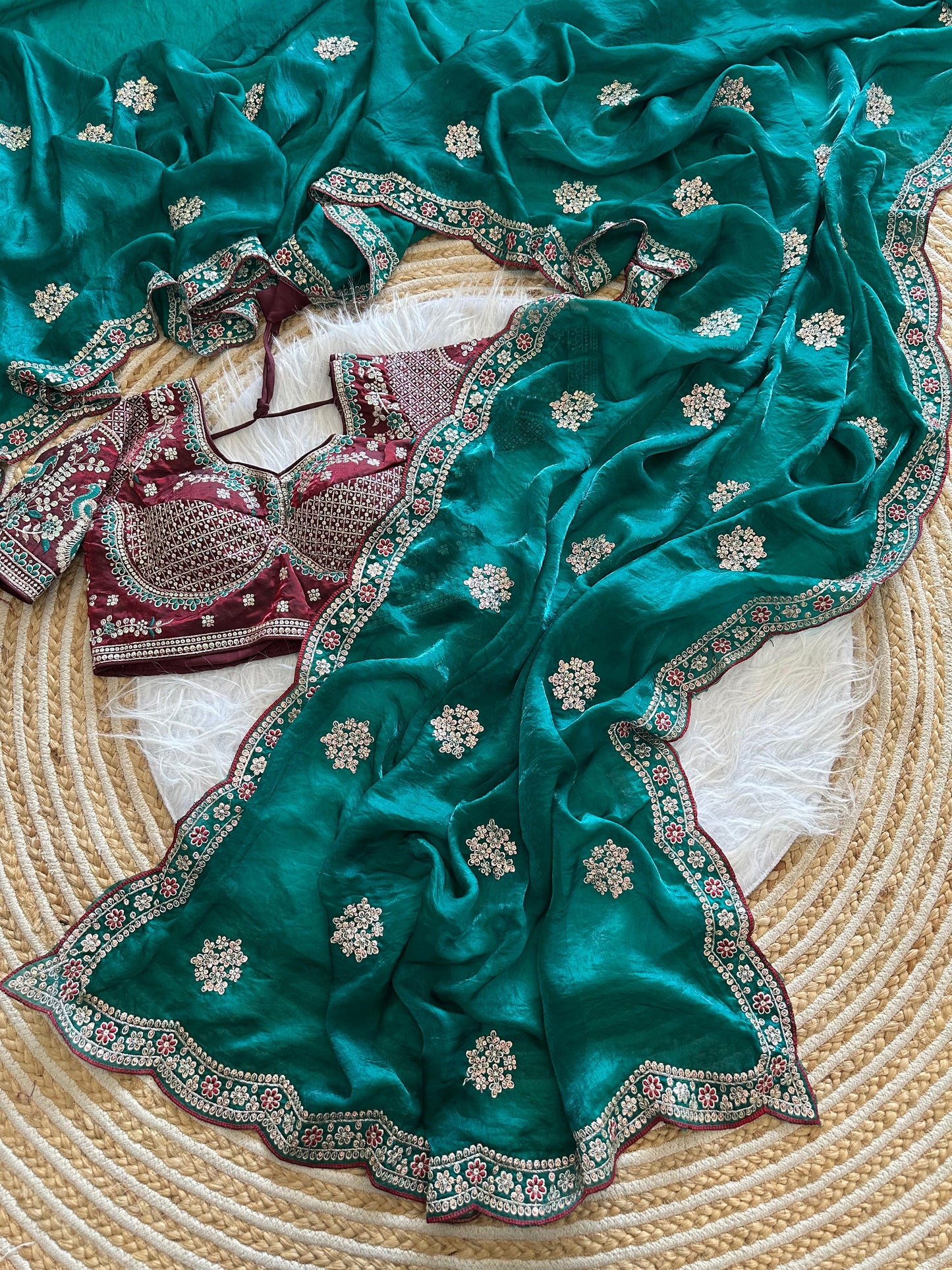 Beautiful Pure Soft Fandy Satin Silk With Embroidery Sequence Work Saree