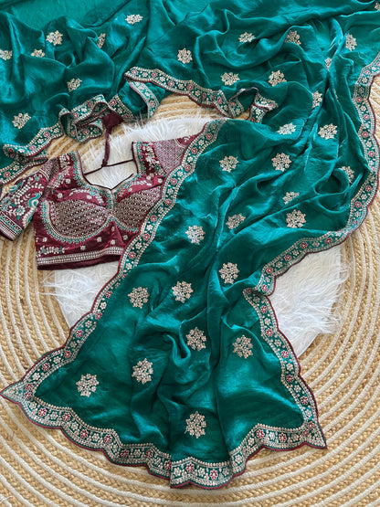 Beautiful Pure Soft Fandy Satin Silk With Embroidery Sequence Work Saree