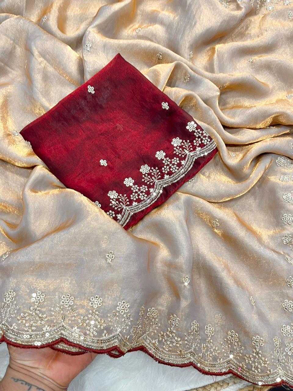 Beautifull Fendy Sartin Embroidery Sequience Work Sareee