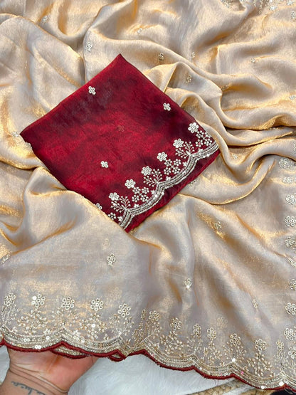Beautifull Fendy Sartin Embroidery Sequience Work Sareee