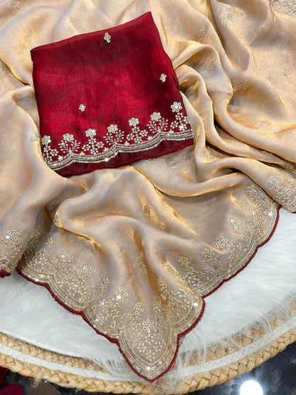 Beautifull Fendy Sartin Embroidery Sequience Work Sareee