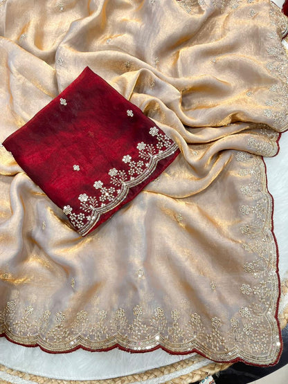 Beautifull Fendy Sartin Embroidery Sequience Work Sareee