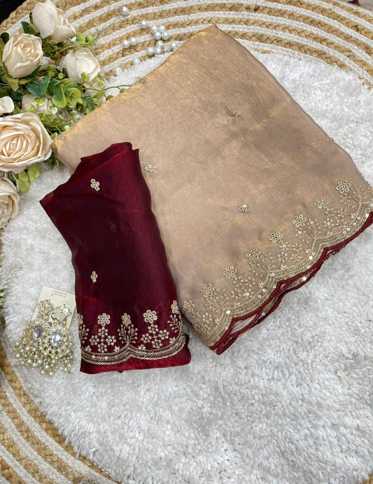 Beautifull Fendy Sartin Embroidery Sequience Work Sareee