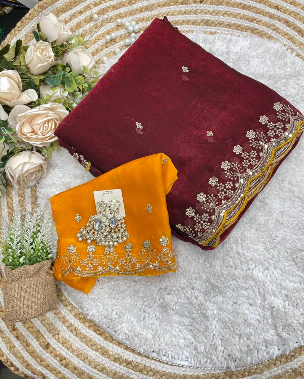Beautifull Fendy Sartin Embroidery Sequience Work Sareee