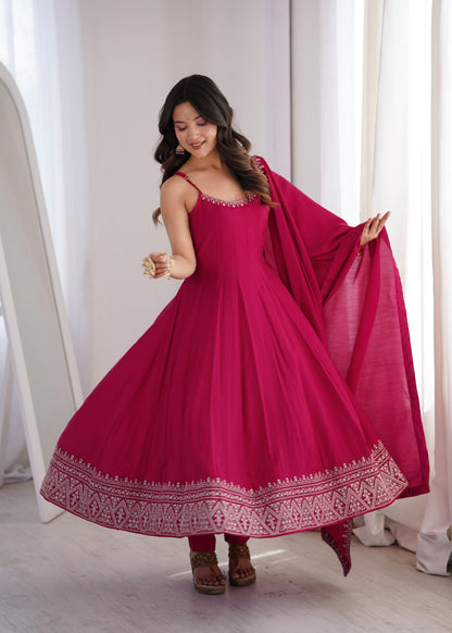 Beautiful Soft Rich Roman Silk Chanderi With Embroidery Work Anarkali Suit