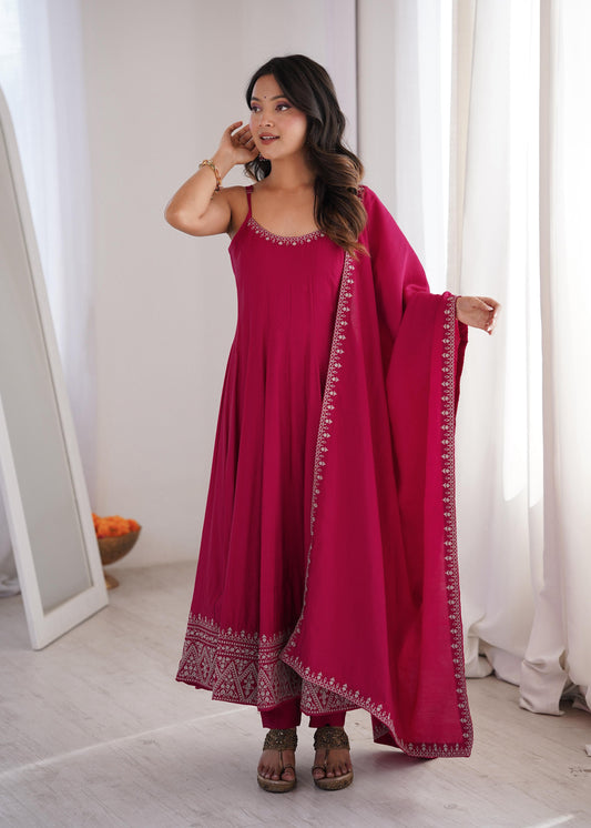 Beautiful Soft Rich Roman Silk Chanderi With Embroidery Work Anarkali Suit