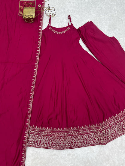Beautiful Soft Rich Roman Silk Chanderi With Embroidery Work Anarkali Suit