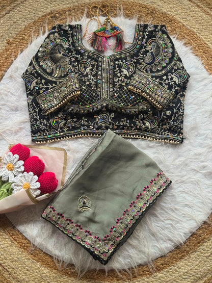 Treditional Look With Two Tone Silk WIth Embroidery Work Saree