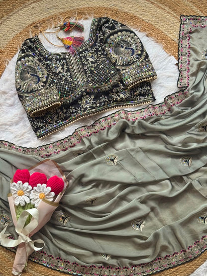 Treditional Look With Two Tone Silk WIth Embroidery Work Saree