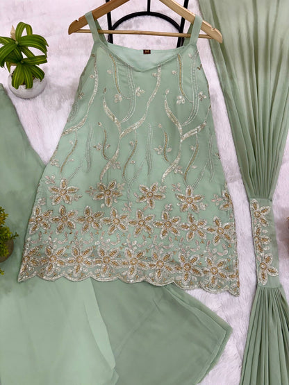 Faux Georgette Front & Back Embroidery Work Kurti Set