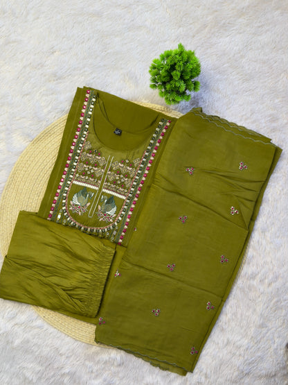 Soft Mull Chanderi Embroidery Work Top Bottom