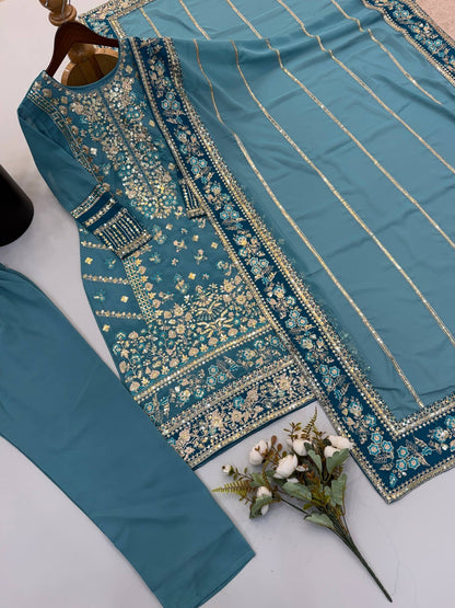 Fox Georgette Embroidery Sequence Work Top Bottom