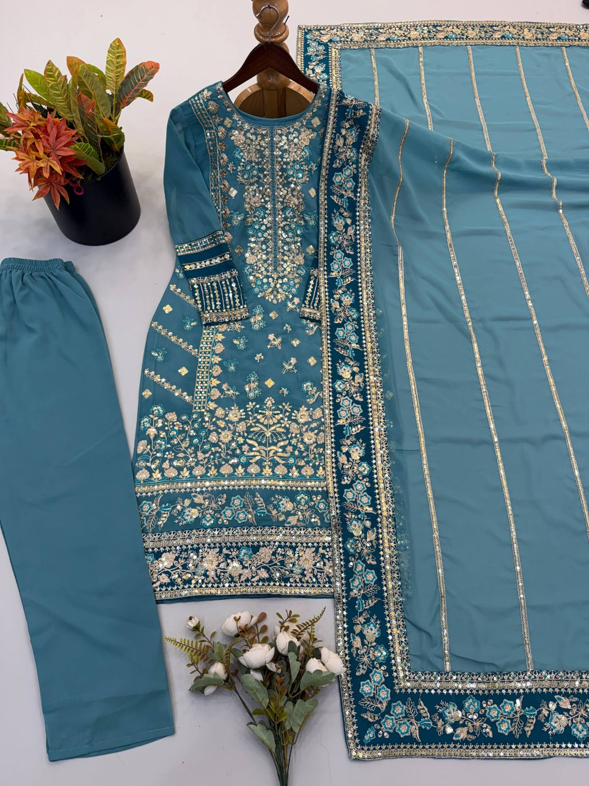 Fox Georgette Embroidery Sequence Work Top Bottom