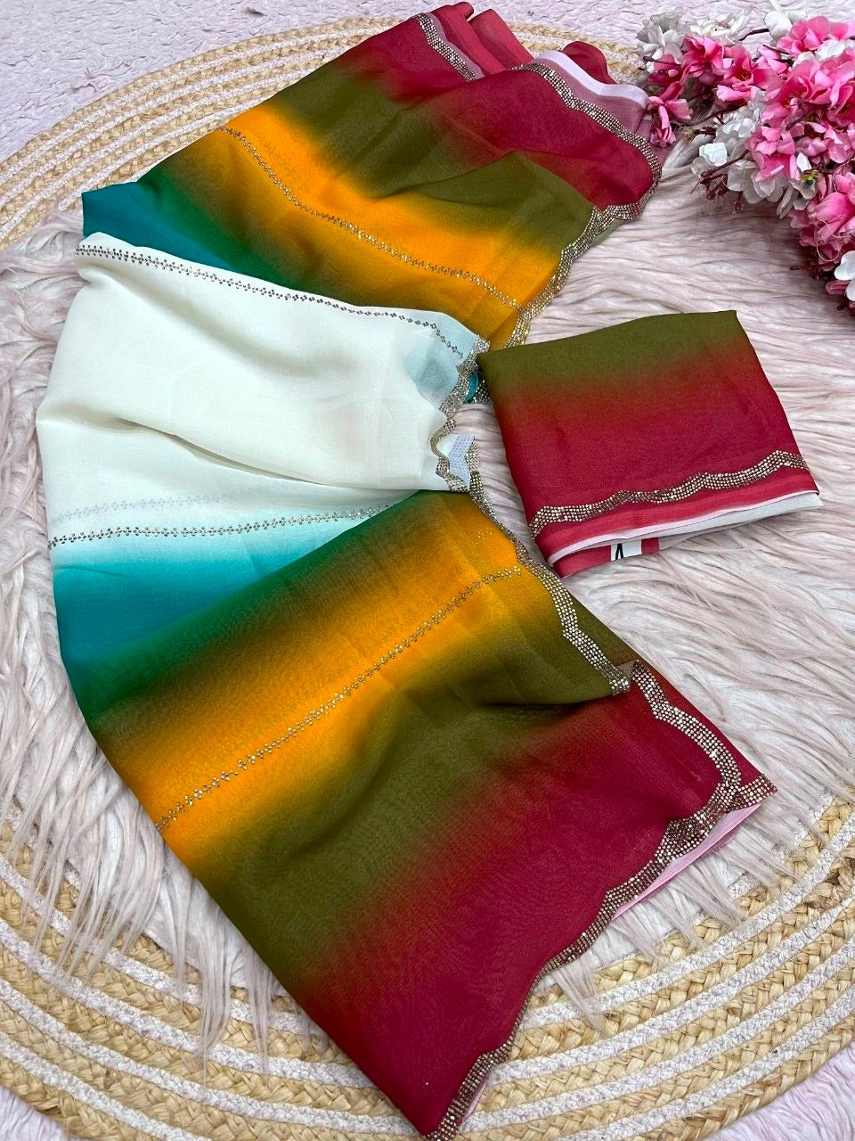 Star Georgette Digital Print Jarkan Work Saree