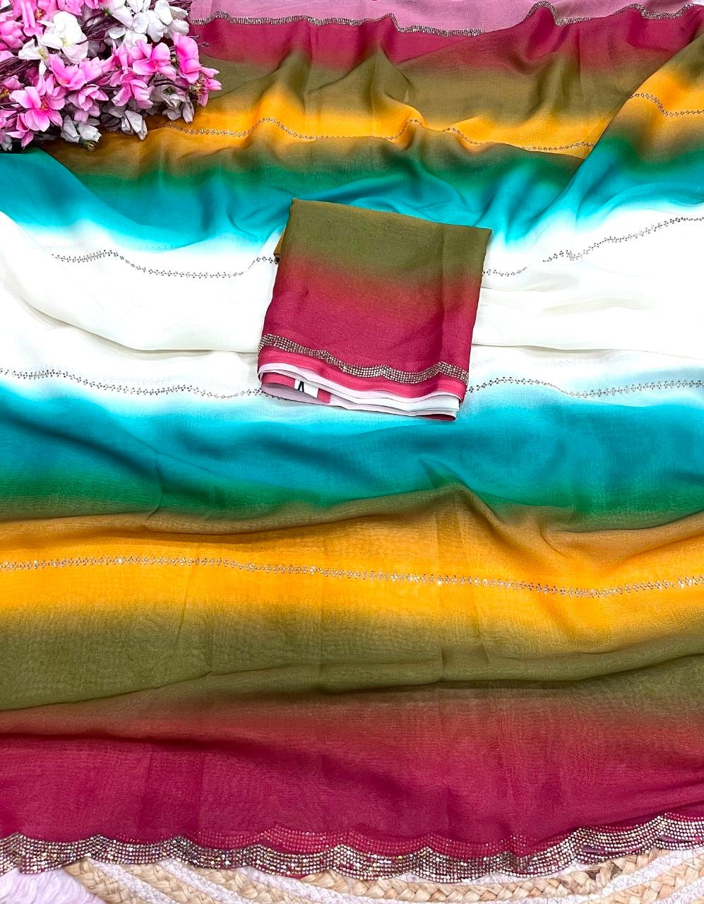 Star Georgette Digital Print Jarkan Work Saree