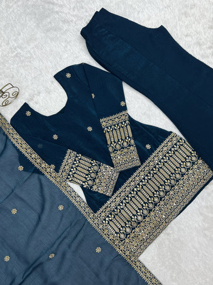 Crunchy Silk Embroidery Sequence & Jari Work Top Bottom