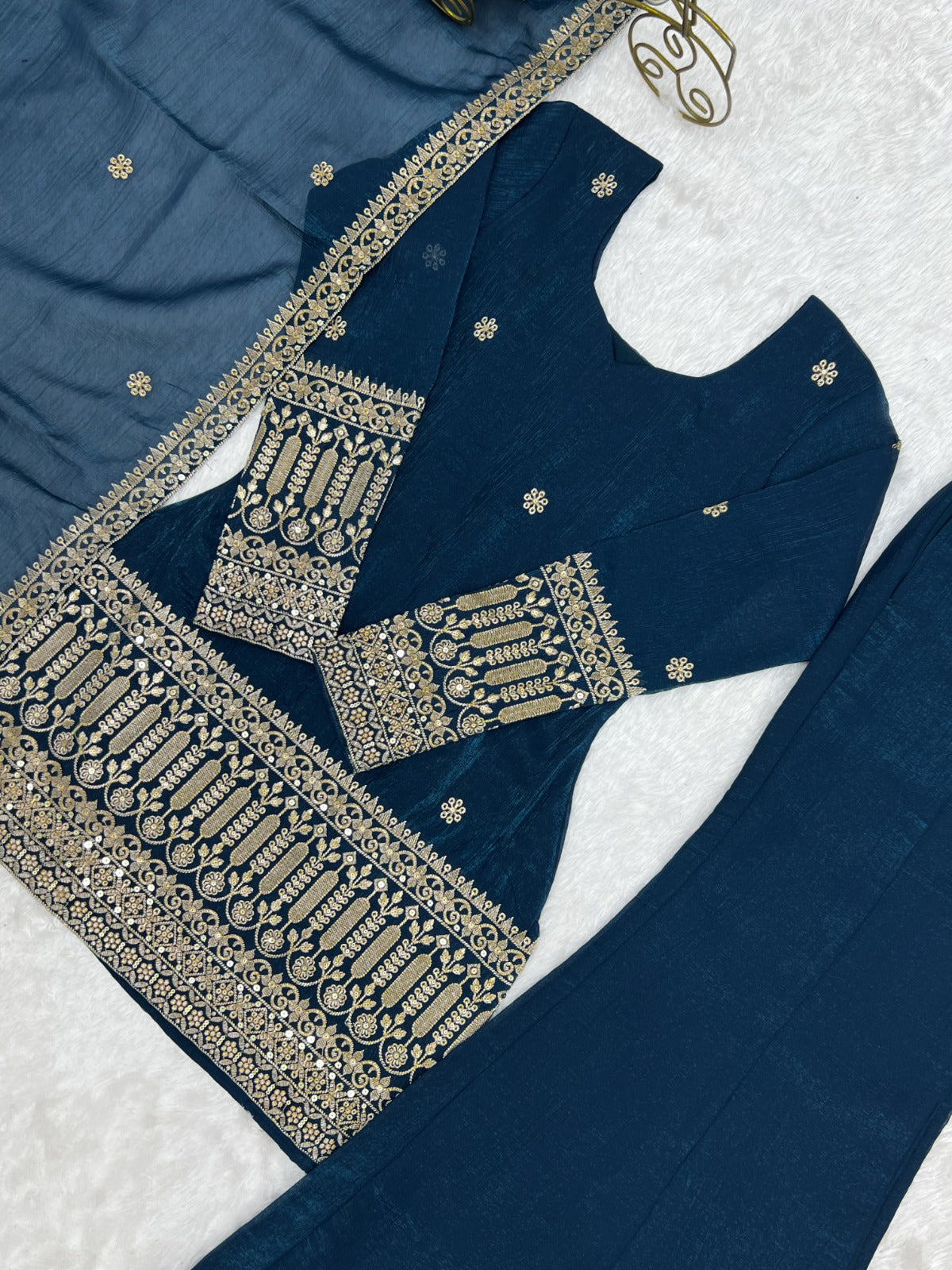 Crunchy Silk Embroidery Sequence & Jari Work Top Bottom