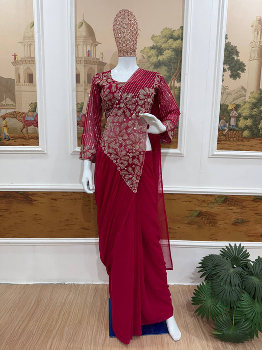 Faux Georgette Embroidery Zari & Semi Beads Work Saree