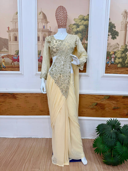 Faux Georgette Embroidery Zari & Semi Beads Work Saree