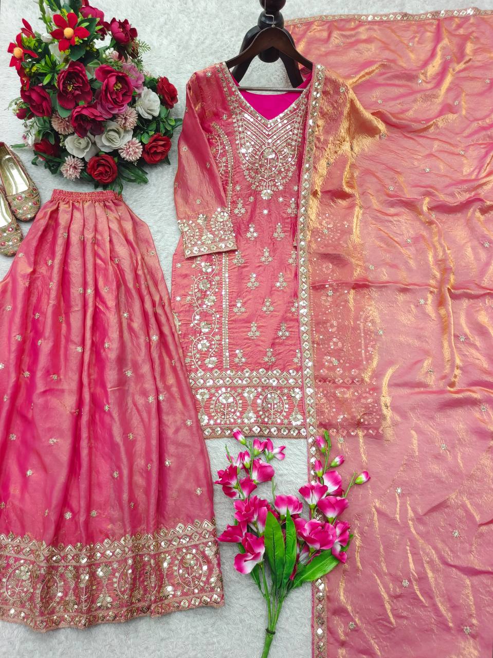 Fendy Silk Embroidery Sequence Work Top Sharara