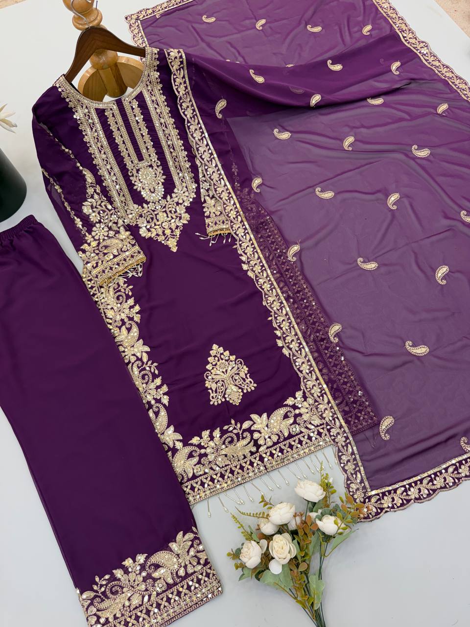 Faux Georgette Embroidery Sequence Work Top Pant