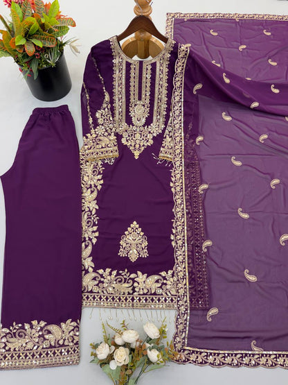 Faux Georgette Embroidery Sequence Work Top Pant