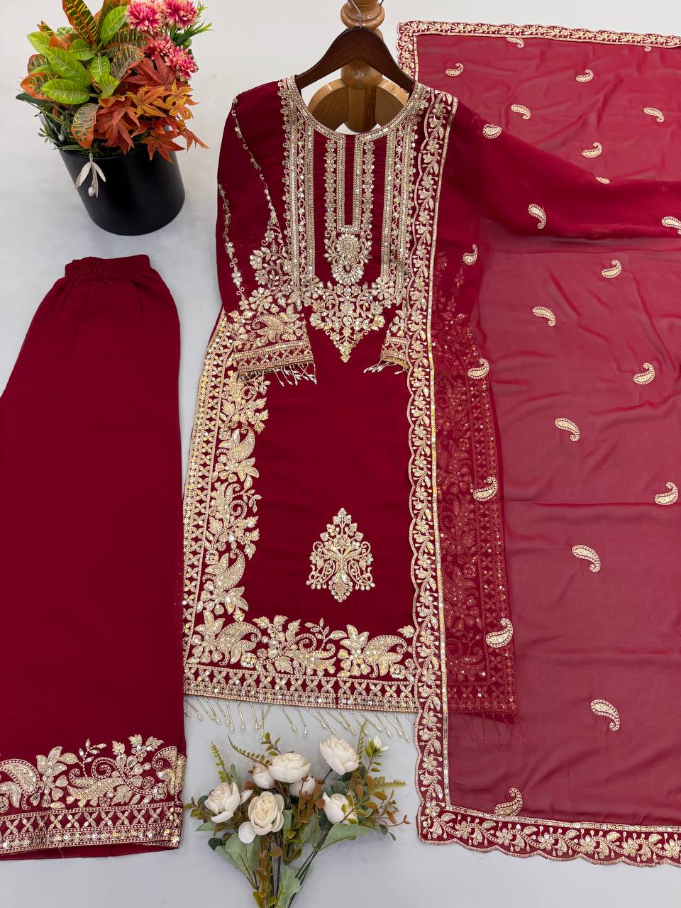 Faux Georgette Embroidery Sequence Work Top Pant