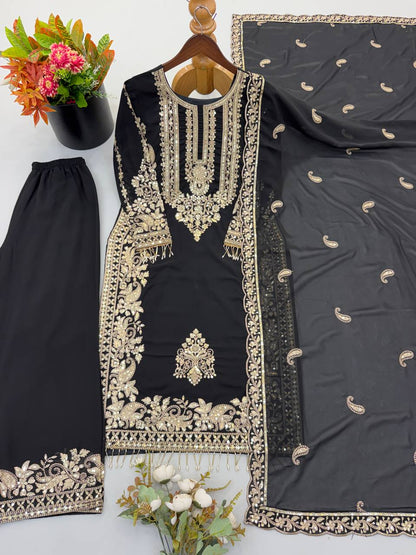 Faux Georgette Embroidery Sequence Work Top Pant
