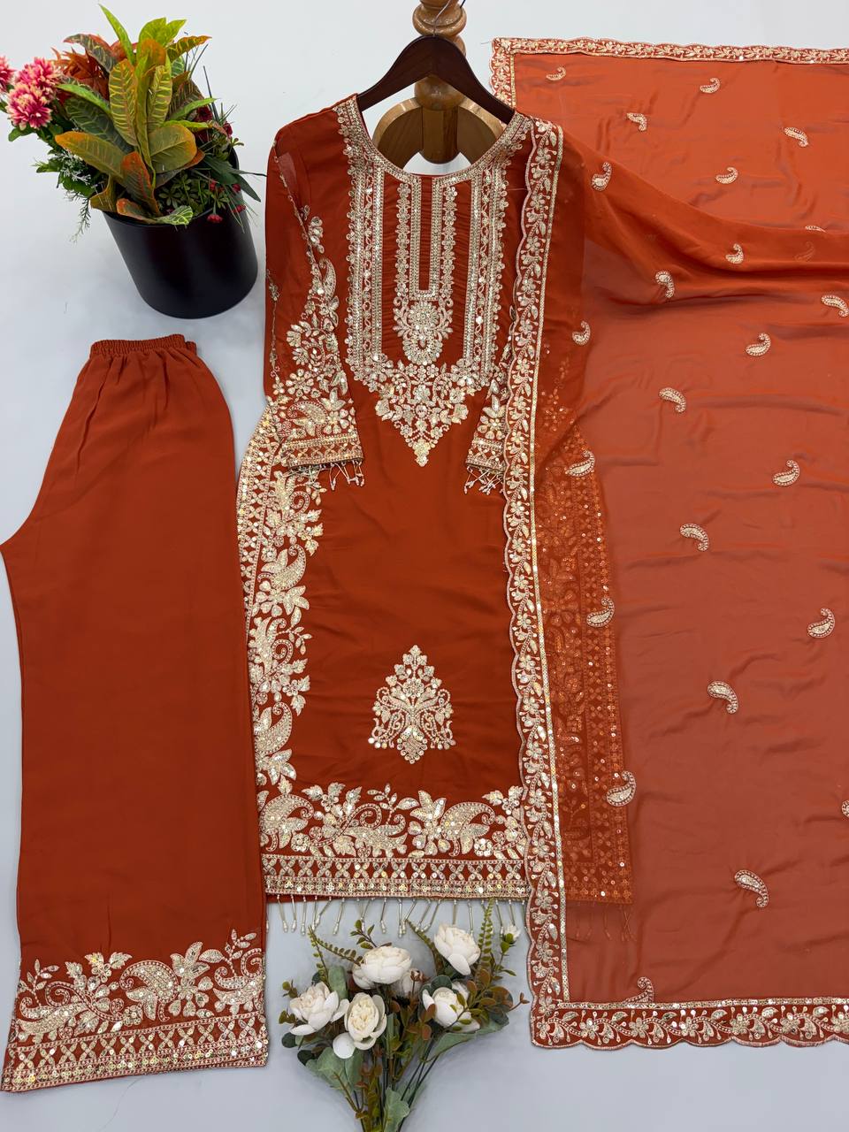 Faux Georgette Embroidery Sequence Work Top Pant