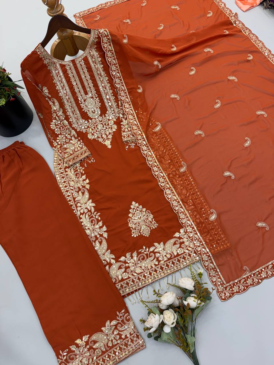 Faux Georgette Embroidery Sequence Work Top Pant
