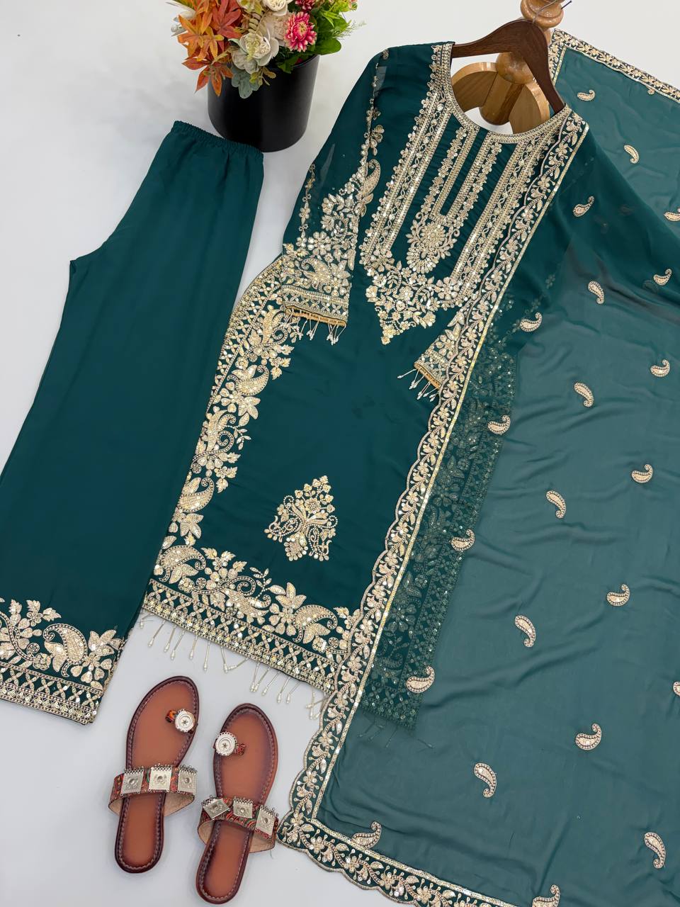 Faux Georgette Embroidery Sequence Work Top Pant