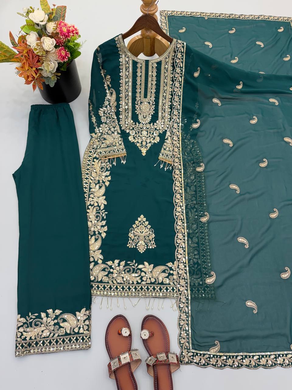 Faux Georgette Embroidery Sequence Work Top Pant