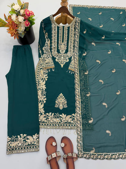 Faux Georgette Embroidery Sequence Work Top Pant