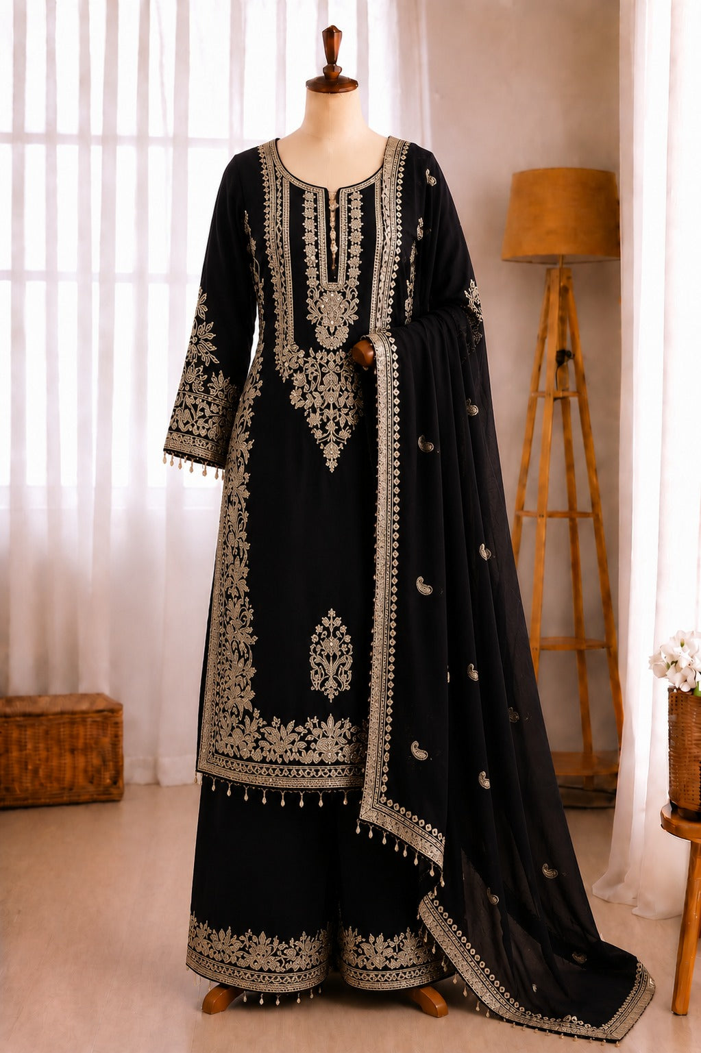 Faux Georgette Embroidery Sequence Work Top Pant