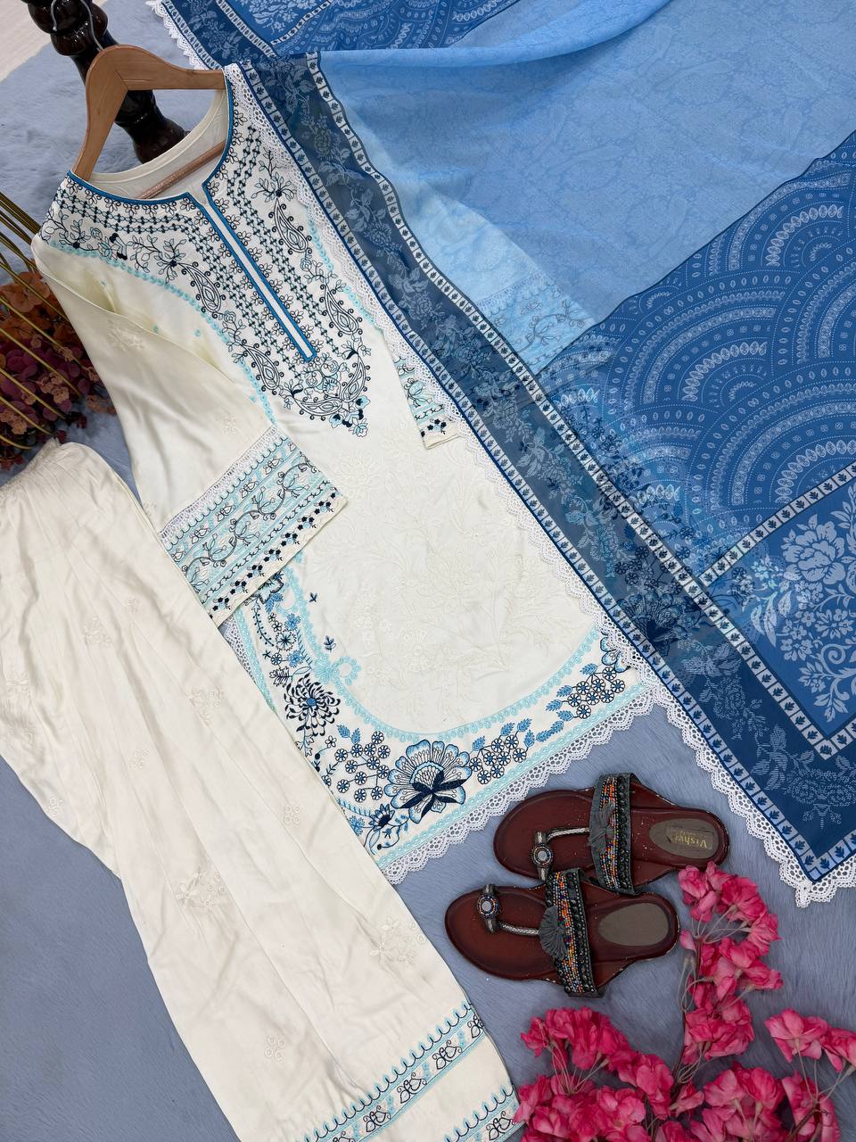 Satin Rayon Embroidery Work Top Farshi Plazzo