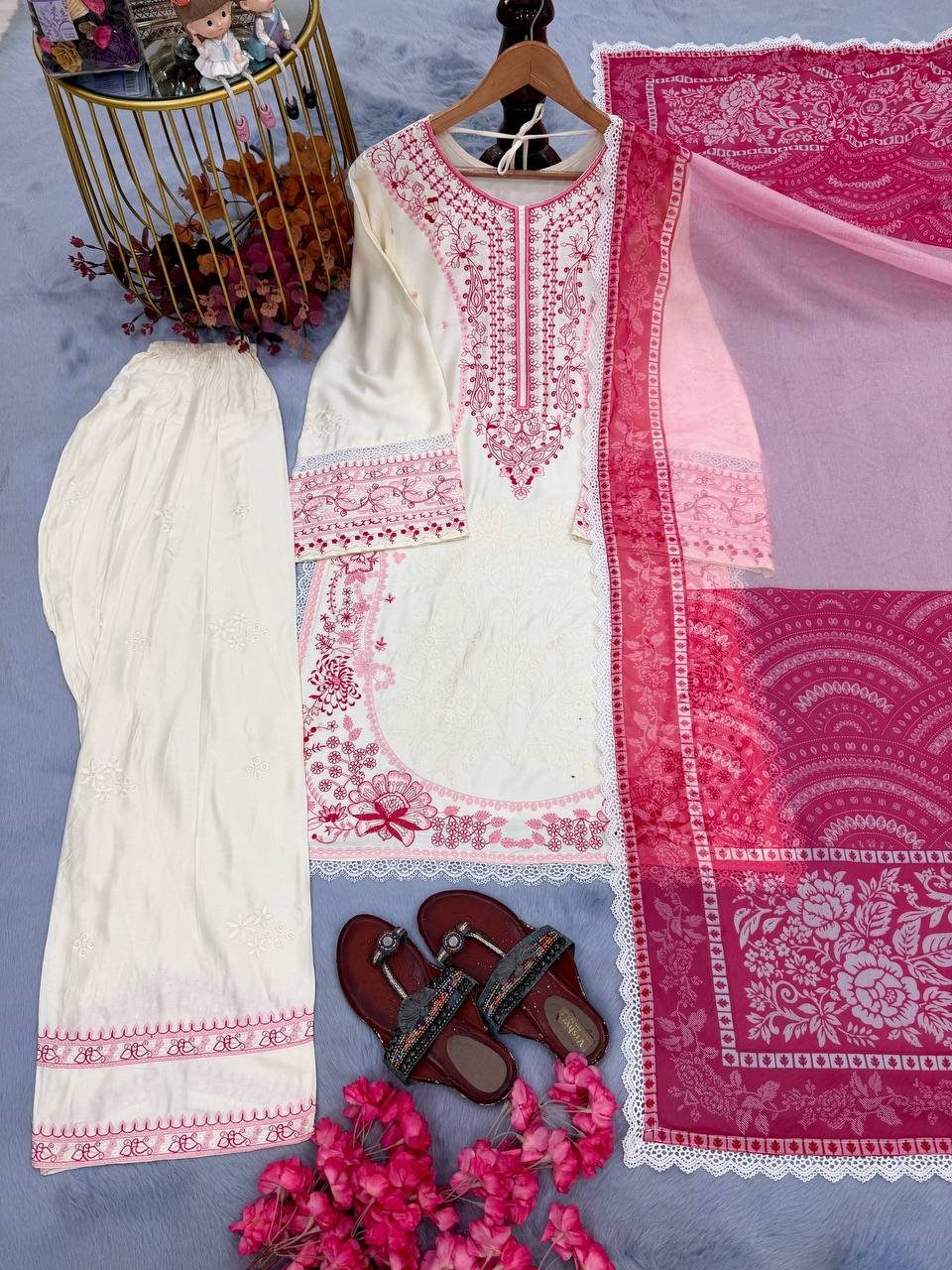 Satin Rayon Embroidery Work Top Farshi Plazzo