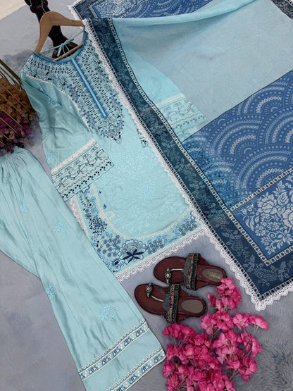 Satin Rayon Embroidery Work Top Farshi Plazzo
