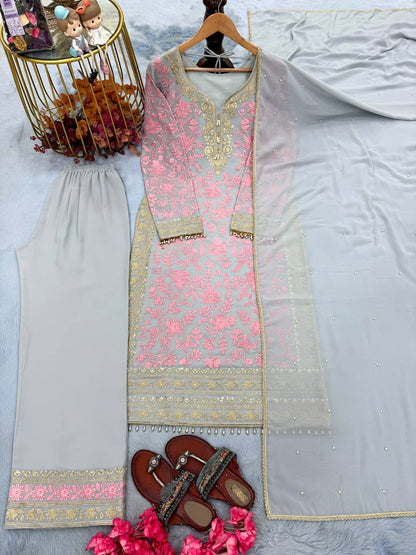 Heavy Faux Georgette Embroidery Sequence Work Top Plazzo