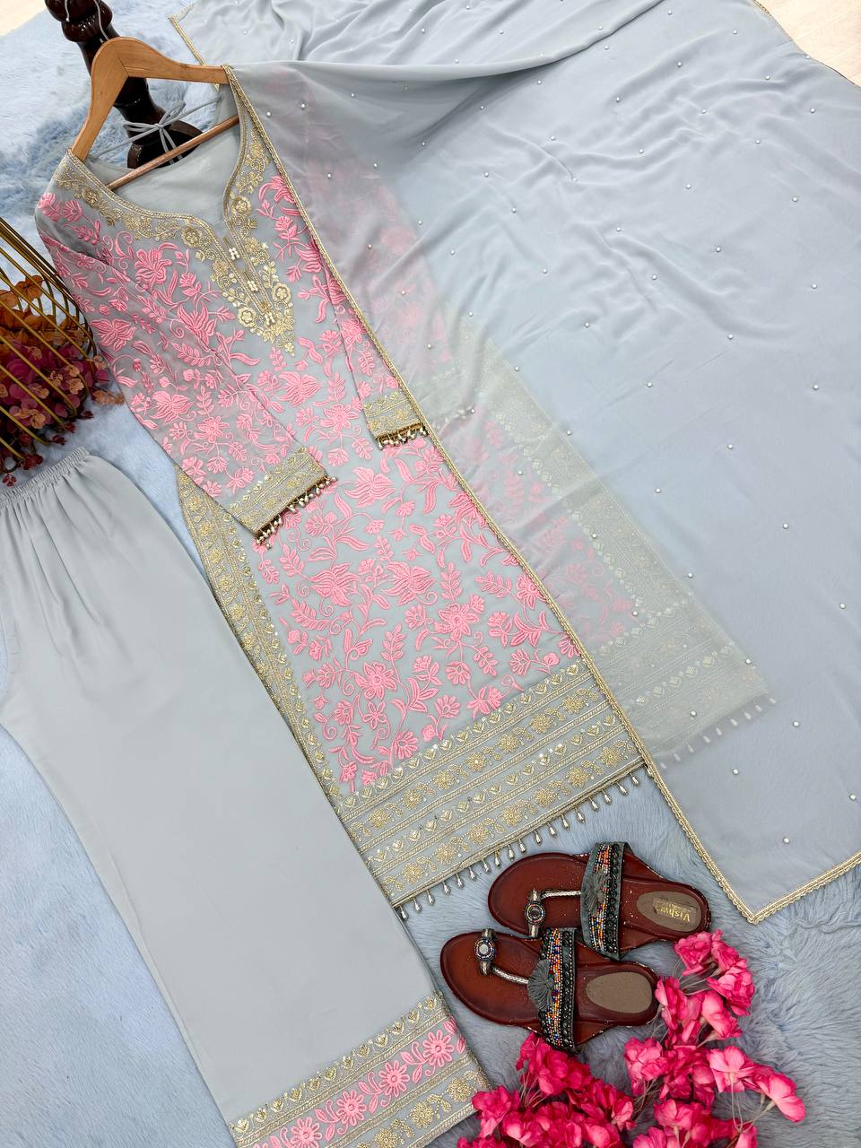 Heavy Faux Georgette Embroidery Sequence Work Top Plazzo