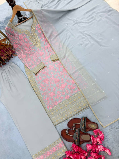 Heavy Faux Georgette Embroidery Sequence Work Top Plazzo