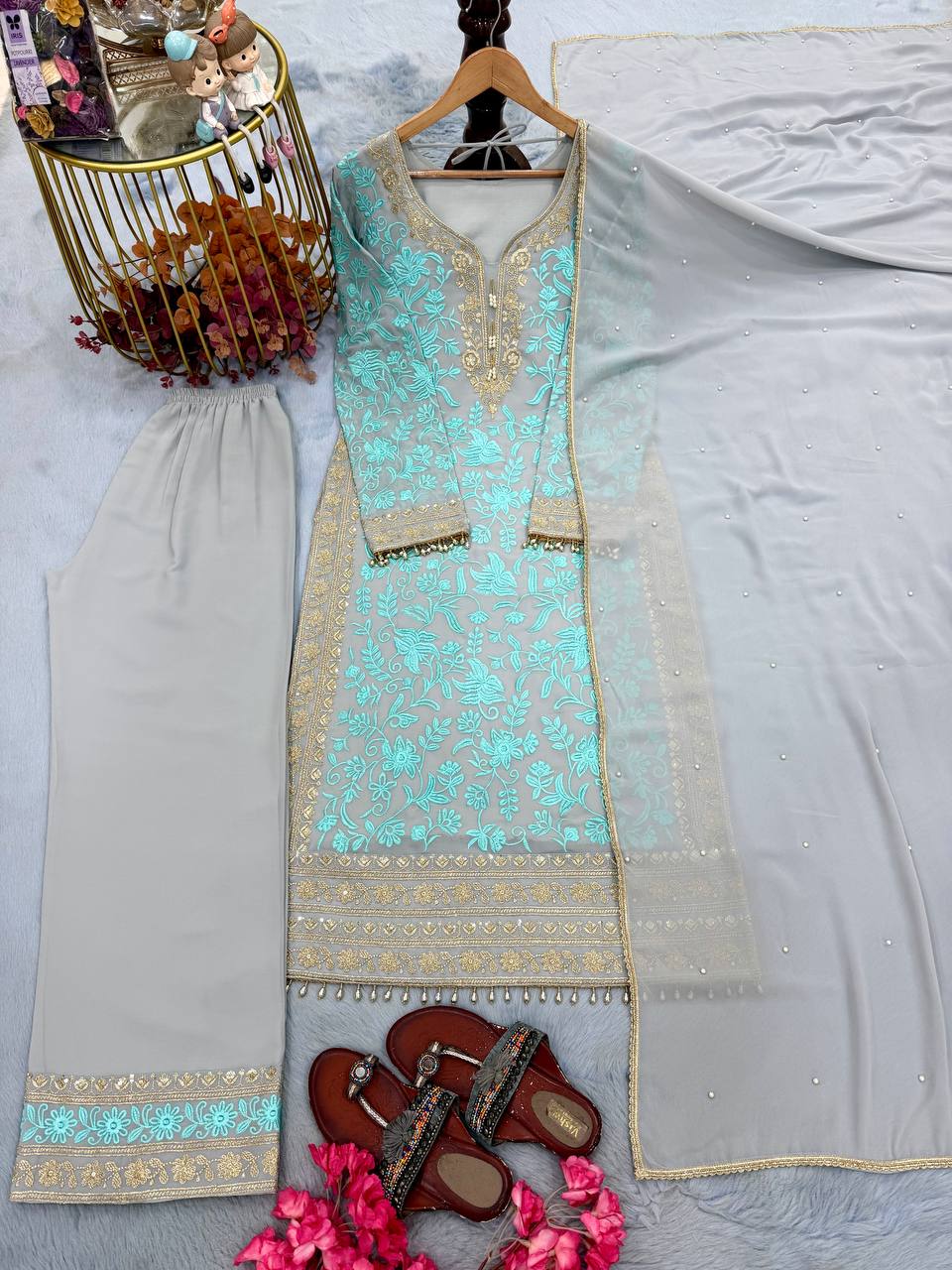 Heavy Faux Georgette Embroidery Sequence Work Top Plazzo