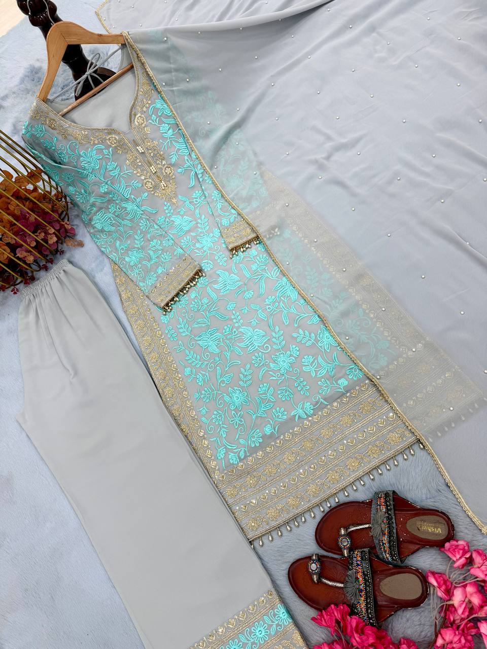 Heavy Faux Georgette Embroidery Sequence Work Top Plazzo